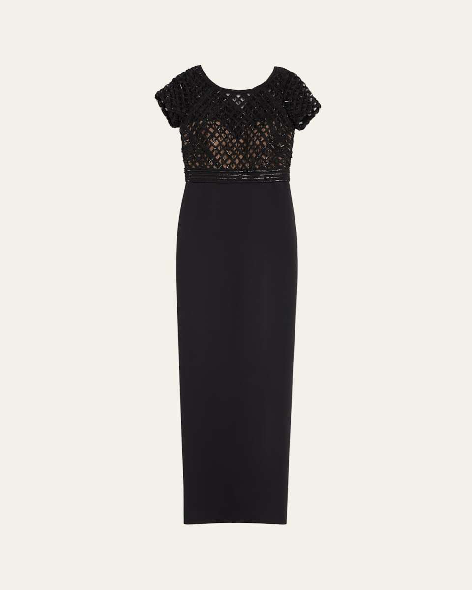 Crepe Column Gown with Embroidered Satin Ribbon Bodice